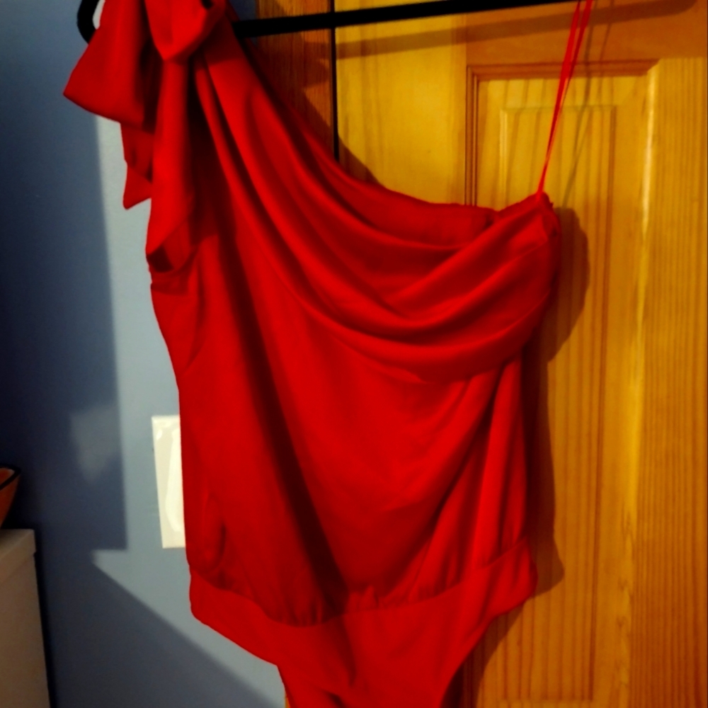 Red, one sleeve bodysuit by EXPRESS